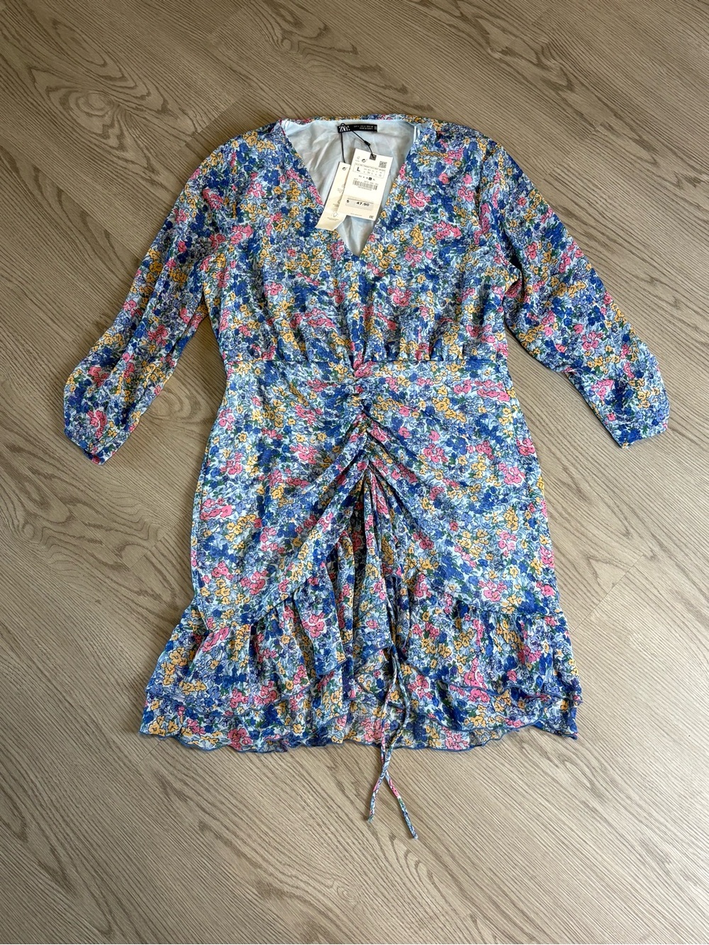 Zara Blue Floral V-Neck Midi Dress with Pink & Yellow Accents